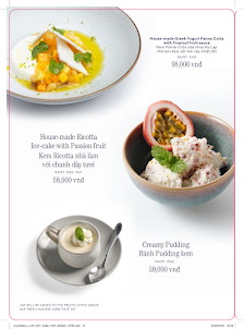 A menu page from a restaurant in Thao Dien, Saigon, featuring three dishes with high-quality food photography and pricing in VND. Top dish: 'Hoisin Du