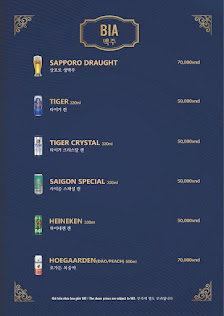 A beer menu from a venue in Thao Dien, Saigon, featuring various beer brands with prices in VND. Includes Sapporo Draught, Tiger (two types), Saigon S