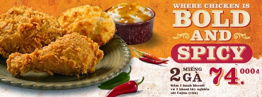 The image is a promotional menu advertisement for a fried chicken dish. It features golden-brown fried chicken pieces on a plate, a biscuit, and a sma