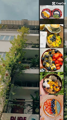 The image shows a collage of colorful fruit and vegetable platters displayed on plates in front of an exterior building with multiple floors.