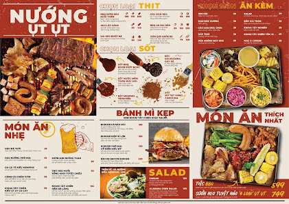 The image is a Vietnamese restaurant menu from a venue in Thao Dien, Saigon. It features multiple sections including 'NƯỚNG UT UT' (grilled meats), 'T