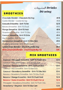 A menu for a venue in Thao Dien, Saigon, listing smoothies and mix smoothies with prices. Includes items like Chocolate Blender, Cookie Blender, Avoca