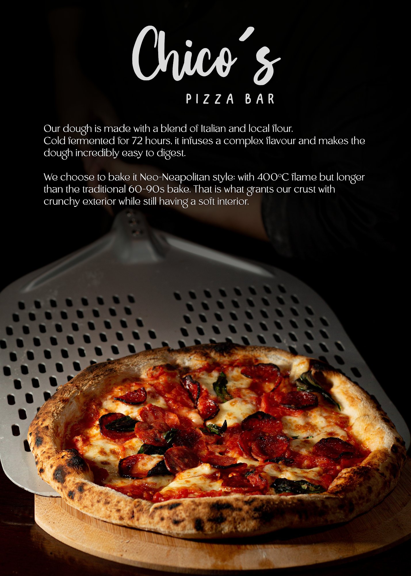 A promotional image for Chico's Pizza Bar featuring a Neapolitan-style pizza on a wooden board with a metal spatula in the background.