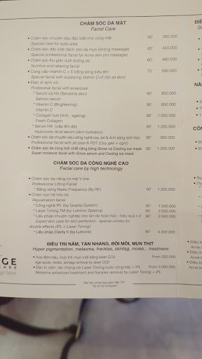 The image shows a menu from Cham Soc Da Mat in Thao Dien, Saigon. It lists various skincare treatments and their prices.