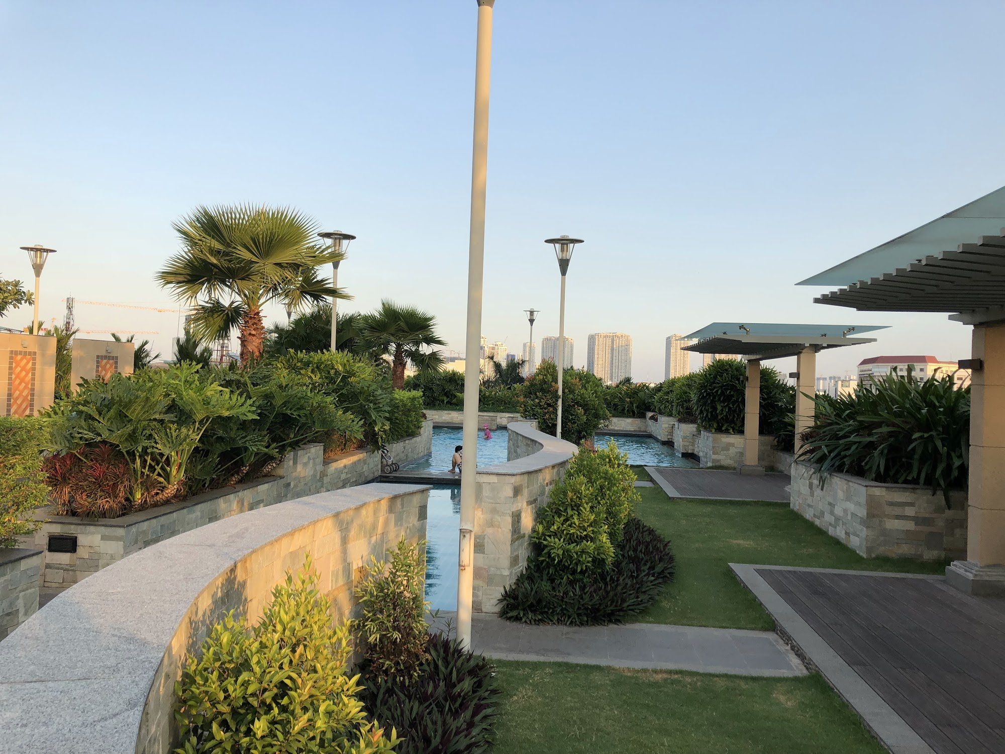 This image depicts a well-maintained rooftop garden featuring two swimming pools surrounded by lush greenery and modern architecture in the background