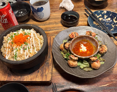 Rice Dish with Salmon Roe and Fried Appetizers