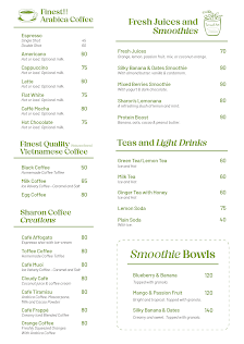 A menu from Thao Dien in Saigon featuring various food and drink options such as coffee drinks, juices, smoothies, tea, light refreshments, Vietnamese