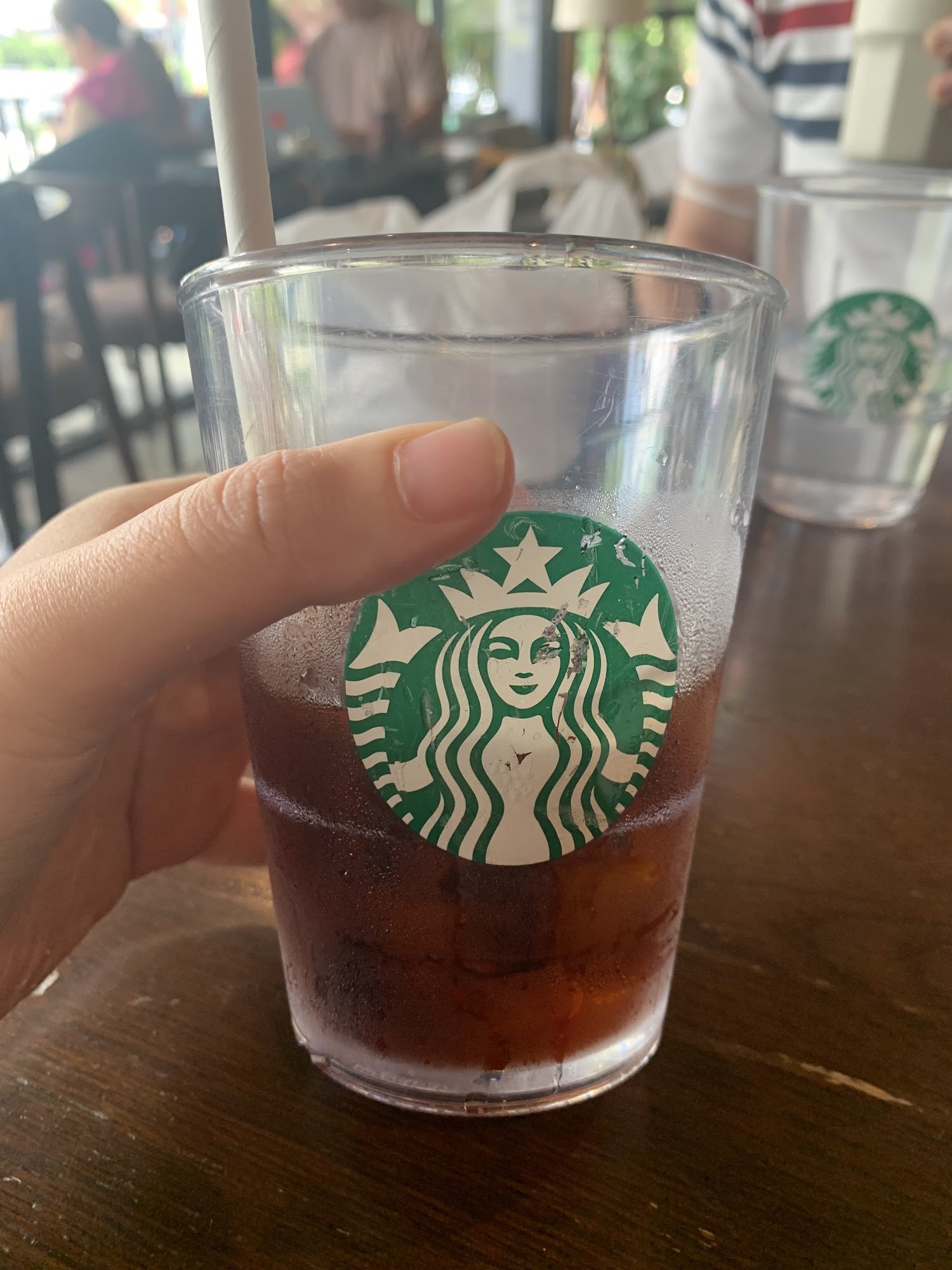 A hand holds a clear Starbucks cup with a dark iced beverage, ice cubes, and a white straw. The cup features the green Starbucks siren logo. Another S
