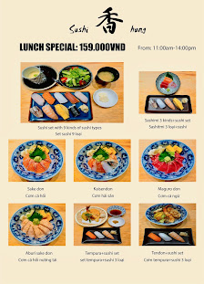 A promotional image for a sushi restaurant's lunch special menu displayed on a beige background.