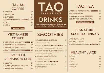 A menu from a venue in Thao Dien, Saigon featuring various beverage options including Italian coffee, tea, smoothies, bottled drinking water, and more
