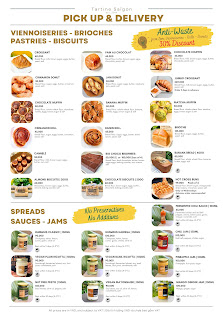 A detailed menu from Thao Dien Saigon featuring various food items available for pick up and delivery including pastries, spreads, sauces, jams, and m