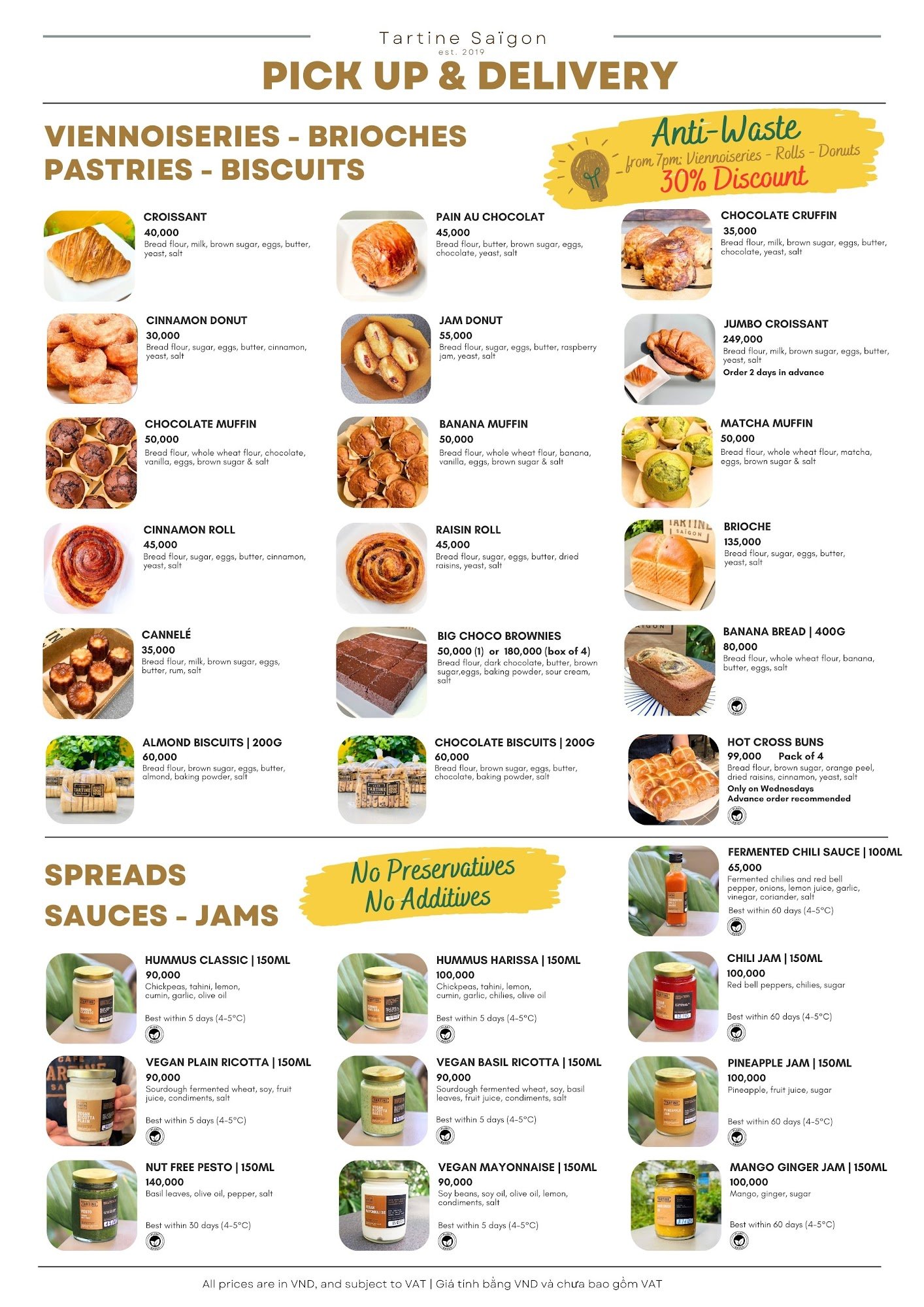 The image is a menu for Tartine Saigon, a bakery in Thao Dien, Saigon, offering pick-up and delivery services. It features sections for 'VIENNOISERIES