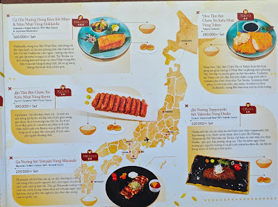 A menu for a restaurant in Thao Dien, Saigon, featuring multiple dishes with photographs, names, prices (e.g., 300,000 VND), and descriptions. The men