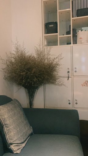 The image shows a corner of an interior space featuring modern furniture and decor elements such as a green sofa with patterned cushions, a tall vase 