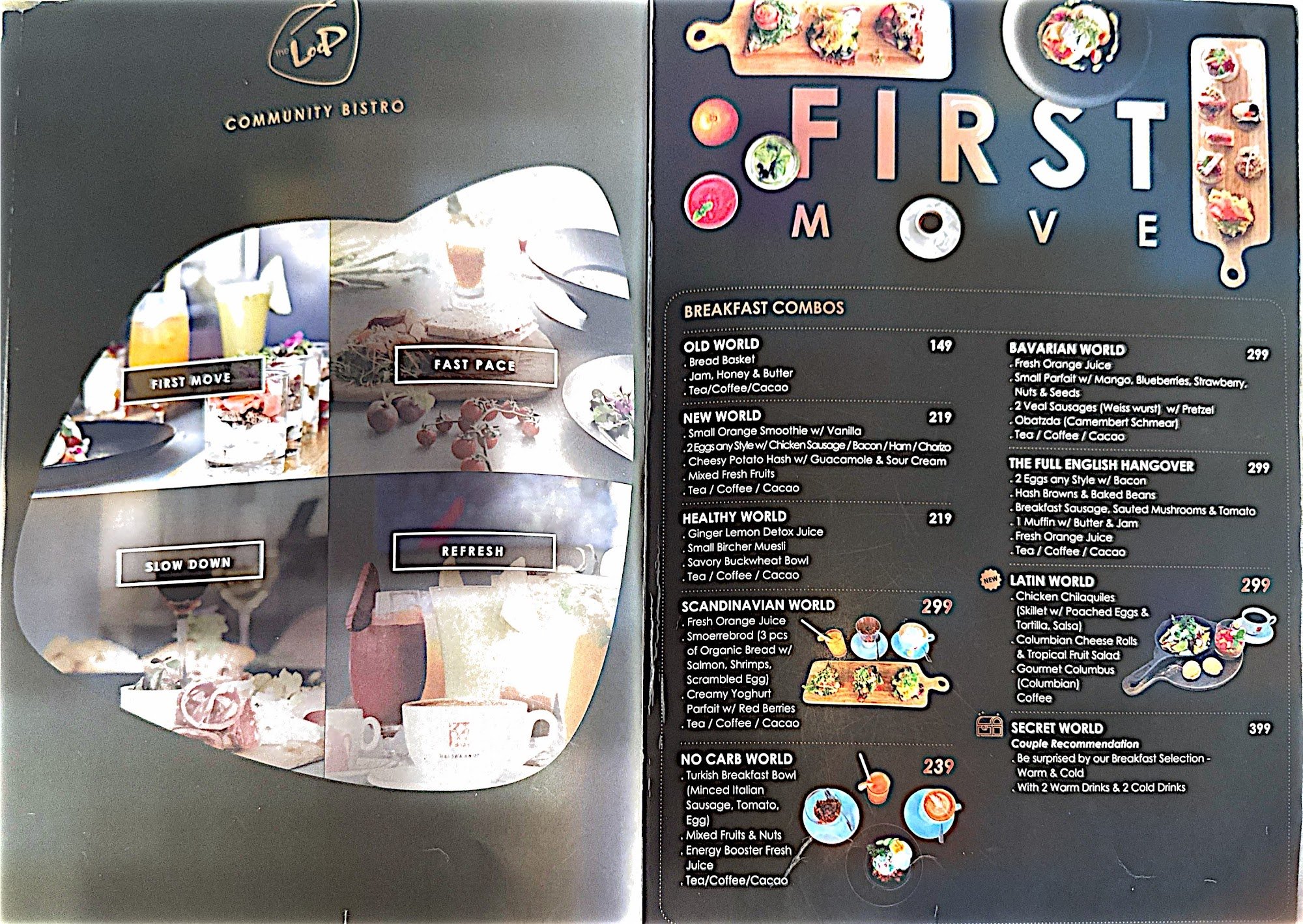 The image shows a menu from 'The Loop Community Bistro' featuring various breakfast options such as smoothies, coffee combinations, and fruit bowls un