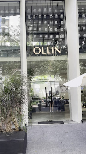 The image shows an exterior view of a modern building named 'OLLIN'. The facade is predominantly glass with the name prominently displayed in large, r