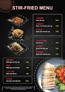 A menu displaying various stir-fried dishes along with their prices and descriptions in English.