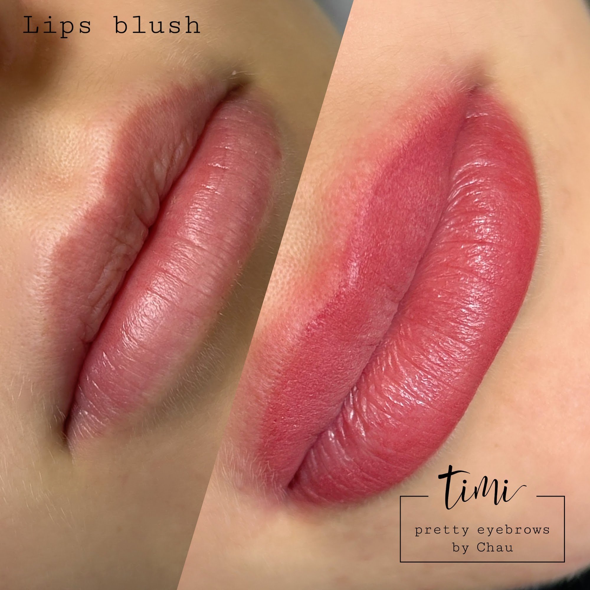 The image shows a before and after comparison of lips applying blush makeup.