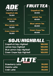 A menu board from a venue in Thao Dien, Saigon, listing drink categories with items and prices. Categories include ADE (Cranberry ADE, Lemon ADE, Blue