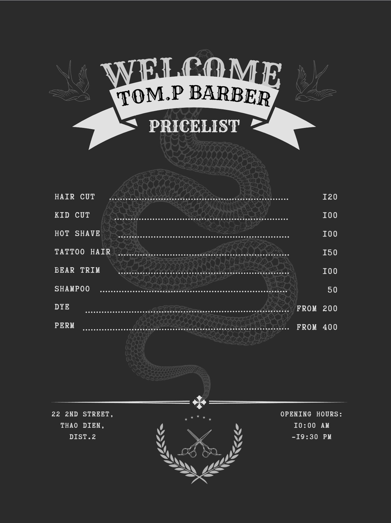 The image is a black-and-white price list for Tom.P Barber, a barber shop located in Thao Dien, Dist.2, Saigon. It features a prominent title 'WELCOME