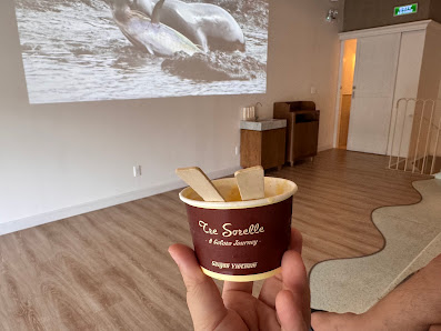 A person is holding a cup of ice cream in front of them while sitting on the floor with their legs crossed. In the background, there's a projection sc