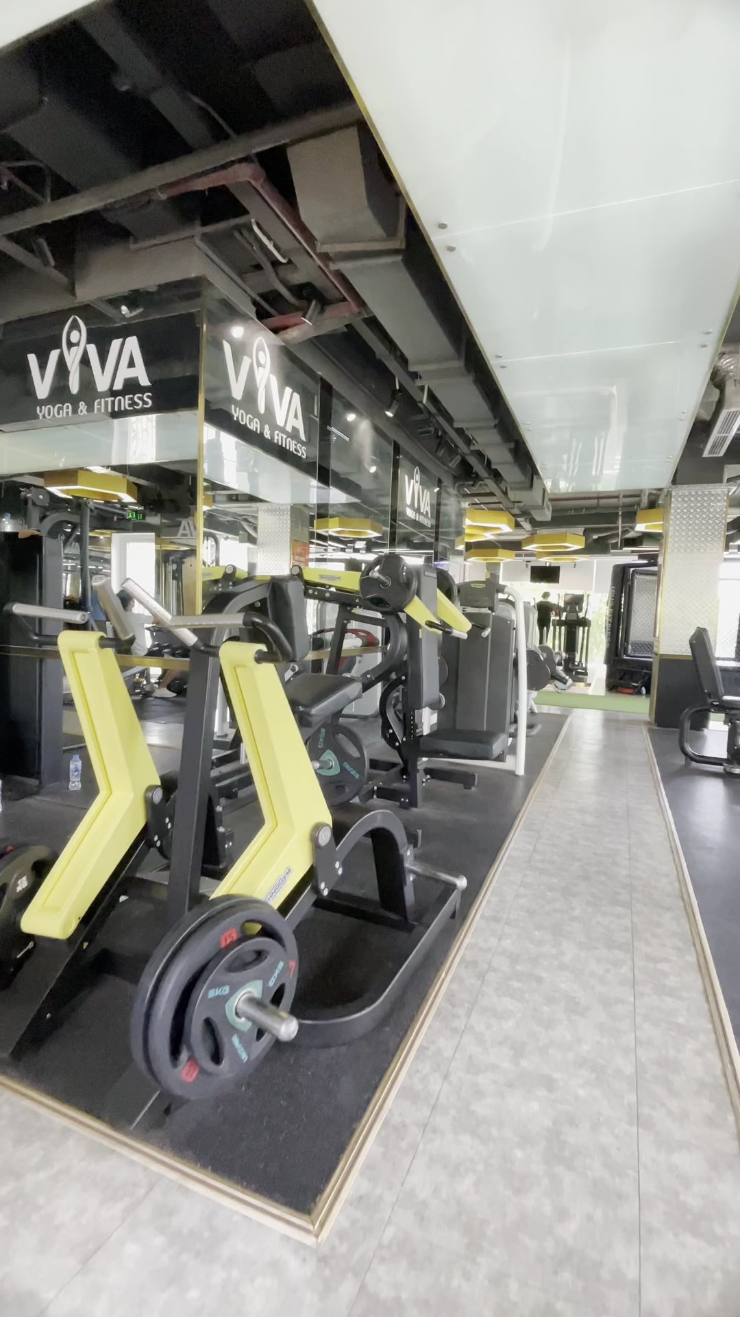 The image shows an interior view of a gym named 'VIVA Yoga & Fitness'. The space is well-lit with modern, clean lines and features various exercise eq