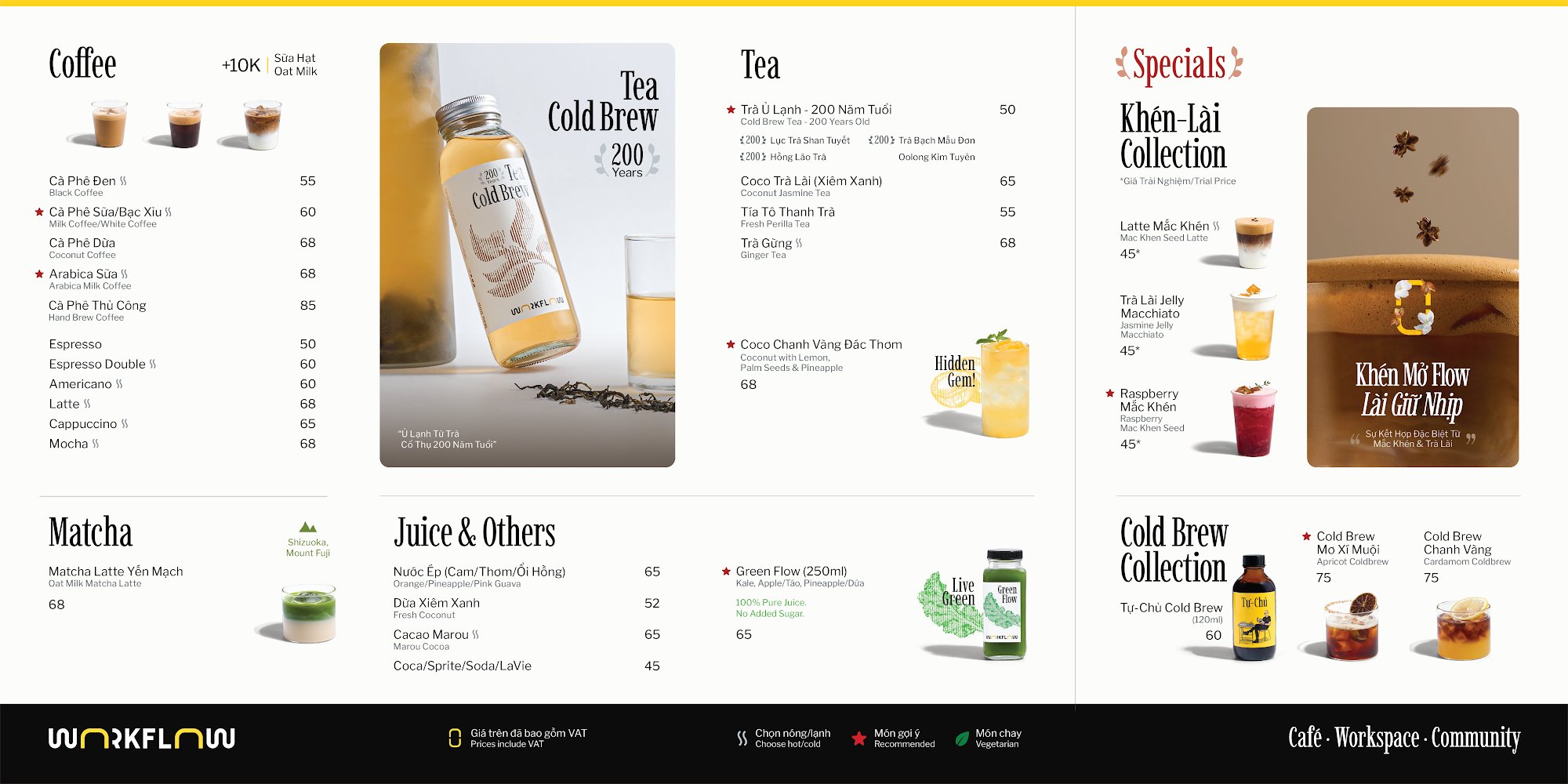 A menu from a café named 'WORKFLOW,' showcasing various beverage options including coffee, tea, juice & others, matcha drinks, and specials with corre