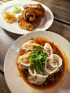 Dumplings with Sauce and Fried Chicken Cutlet