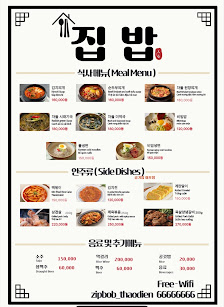 A menu from a restaurant in Thao Dien featuring various Korean dishes such as 'Meal Menu' and 'Side Dishes'. The layout is organized with images of th