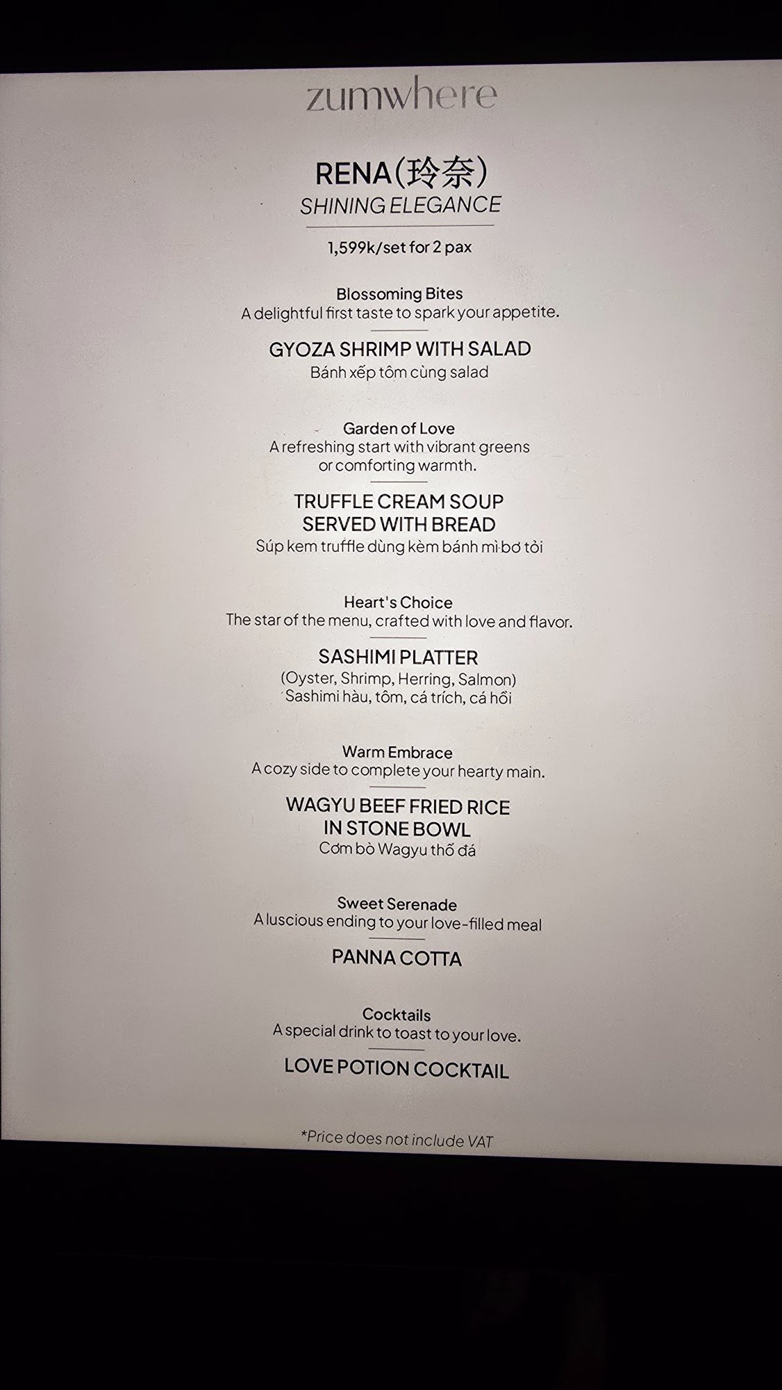 A menu for 'zumwhere' in Thao Dien, Saigon, titled 'RENA (玲奈) SHINING ELEGANCE' priced at 1,599k/set for 2 people. It features sections like 'Blossomi