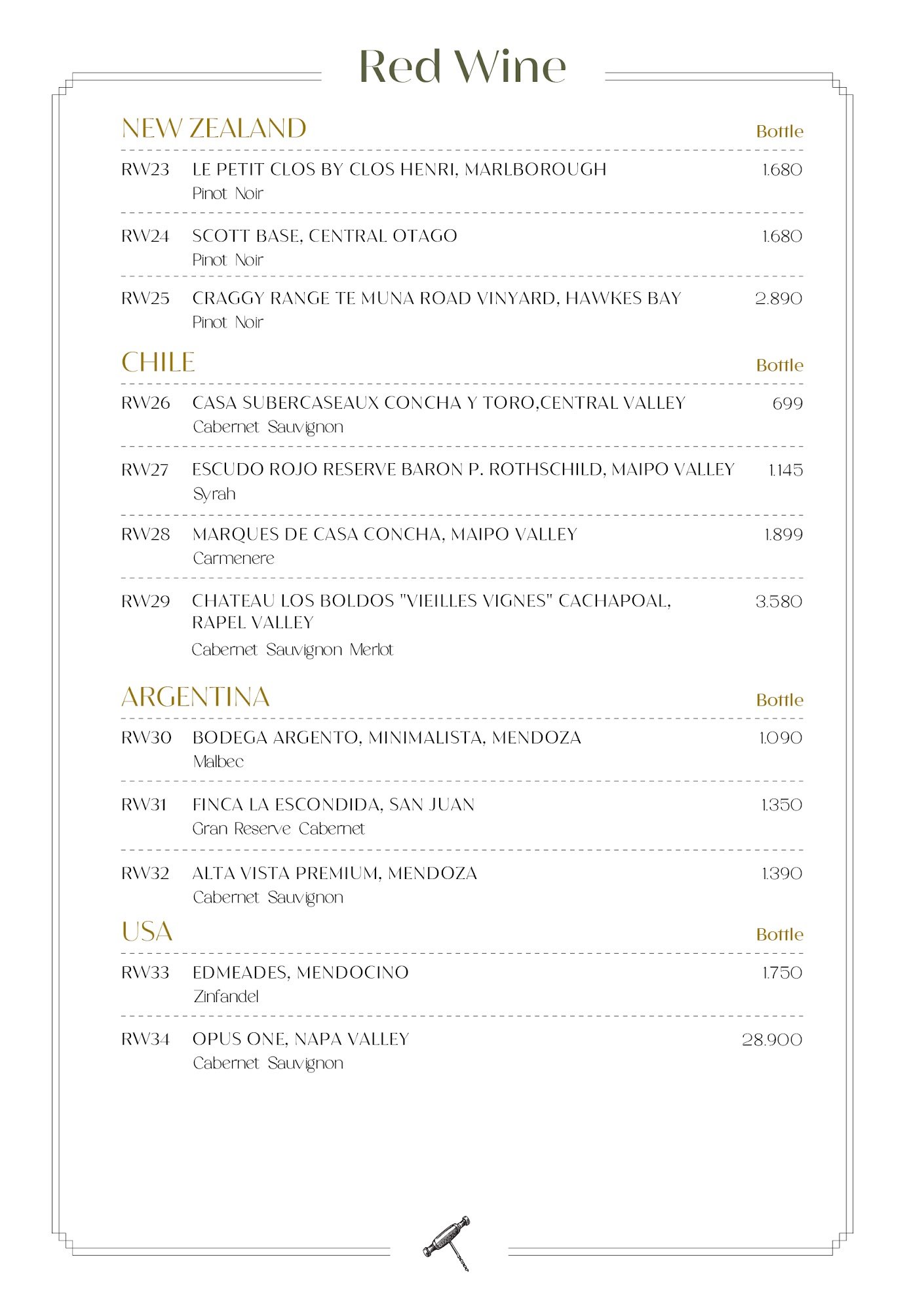 A red wine menu listing wines from New Zealand, Chile, Argentina, and USA. Each entry includes a code (e.g., RW23), wine name, region, grape variety, 